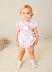 Audrey Hand Smocked Double Breasted Short Sleeve Romper in Pink (6mths-2yrs) ROMPERS from Pepa London US