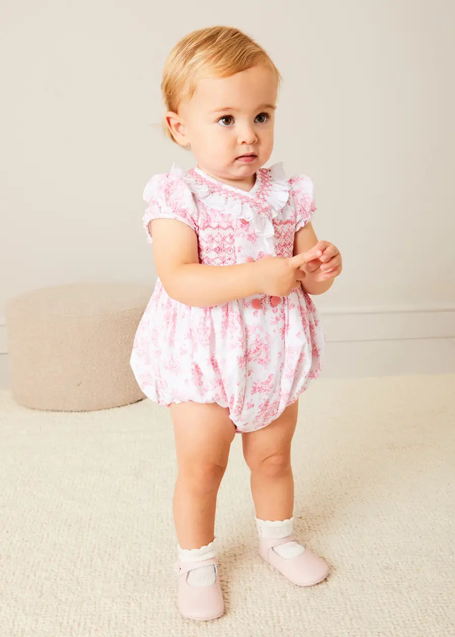 Audrey Hand Smocked Double Breasted Short Sleeve Romper in Pink (6mths-2yrs) ROMPERS from Pepa London US