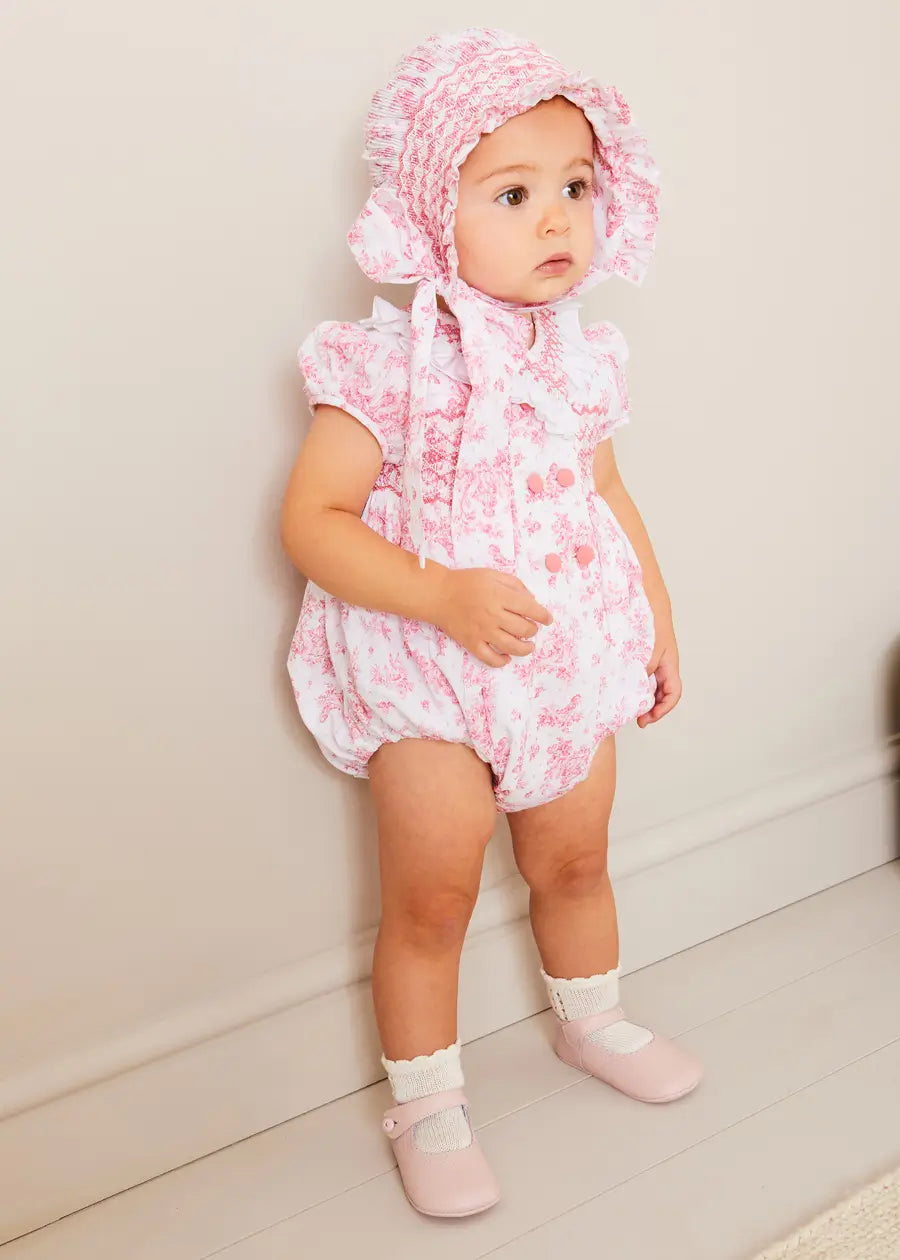 Audrey Hand Smocked Double Breasted Short Sleeve Romper in Pink (6mths-2yrs) ROMPERS from Pepa London US