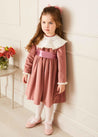 Velvet Handmade Collar Long Sleeve Dress in Pink (2-10yrs) Dresses from Pepa London US