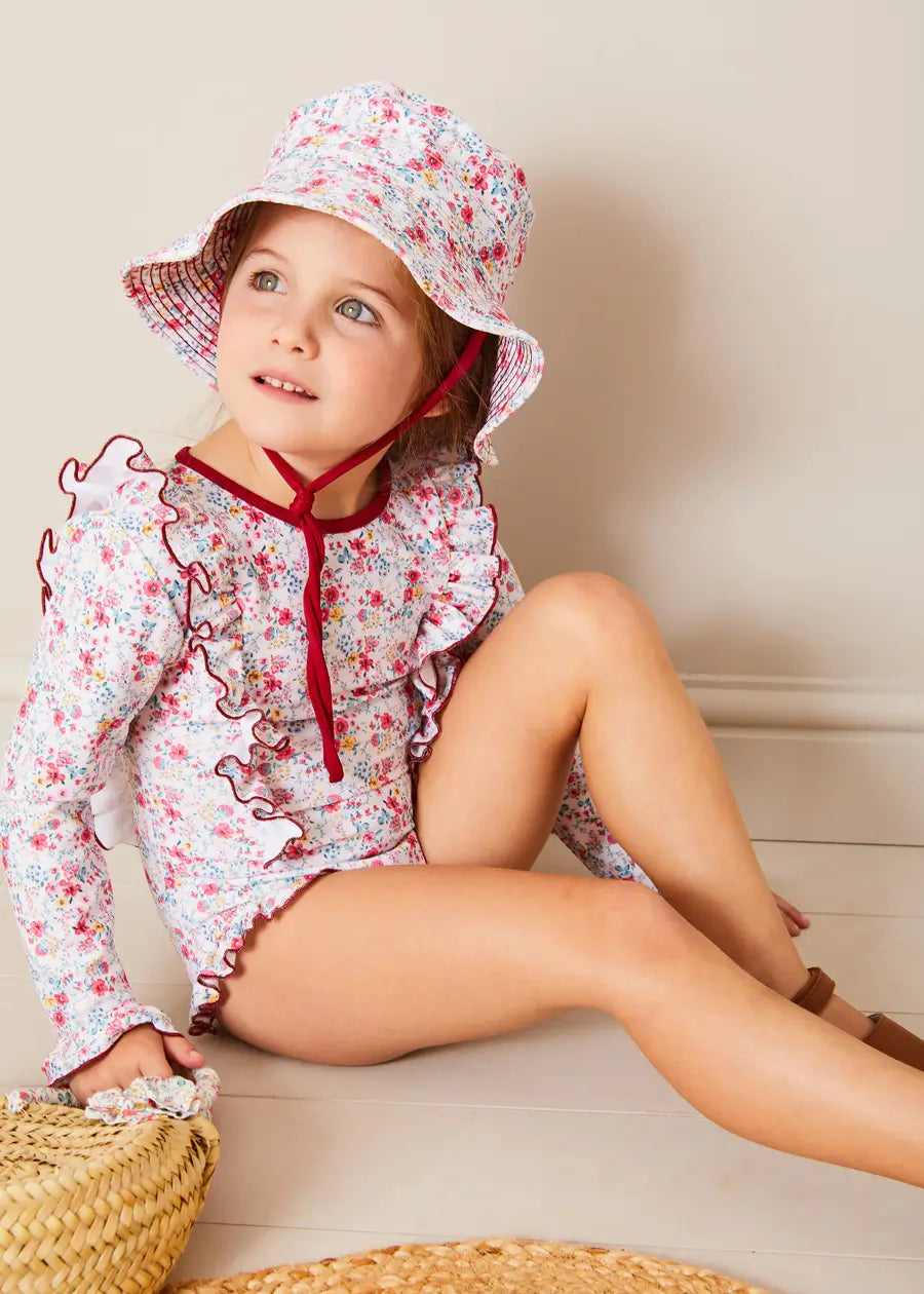 Louisa Floral Ruffle Trim Long Sleeve Swimsuit in Pink (2-10yrs) SWIMWEAR from Pepa London US