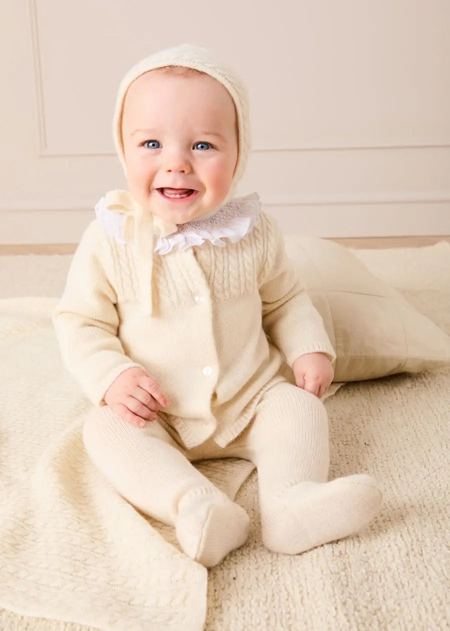 Cashmere Long Sleeve Cable Knitted Set in Cream (1mth-12mths) Knitted Sets from Pepa London US
