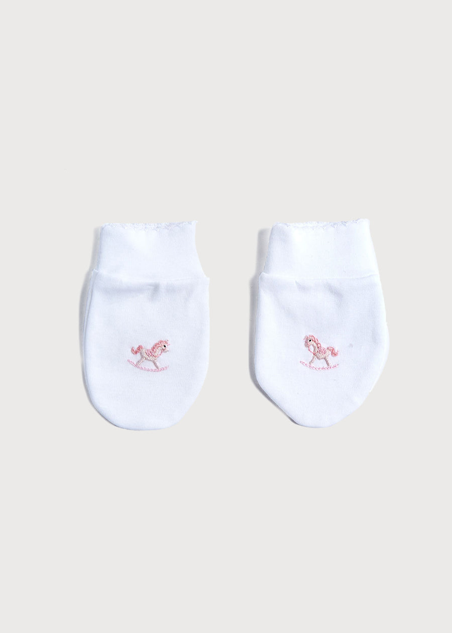 Old Newborn Mittens with Rocking Horse Embroidery Pink (0-3mths) Accessories  from Pepa London US