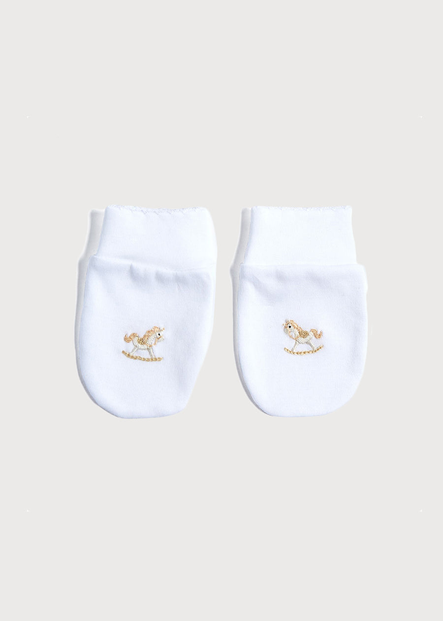 Old Newborn Mittens with Rocking Horse Embroidery Beige (0-3mths) Accessories from Pepa London US