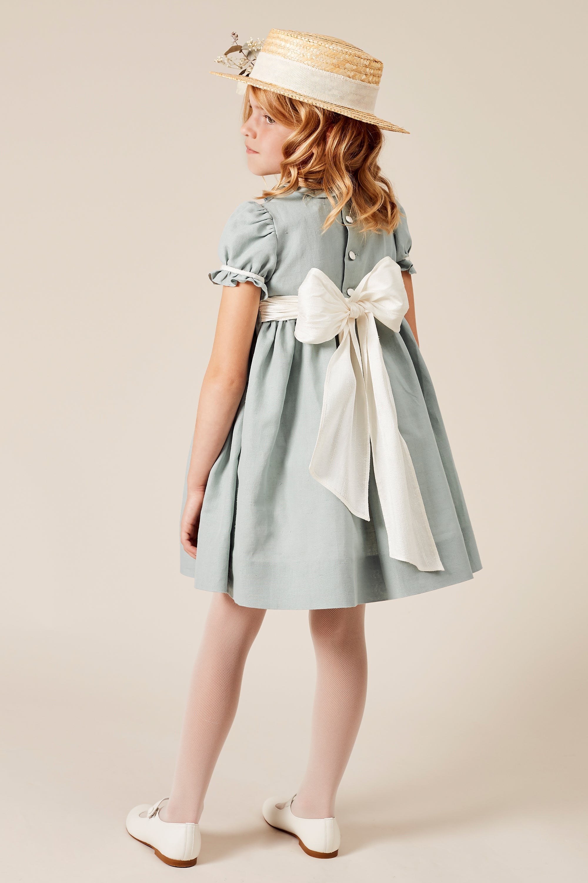 Hand Smocked Flower Girl Occasion Dress in Teal & Ivory (12mths-8yrs) Dresses from Pepa London US