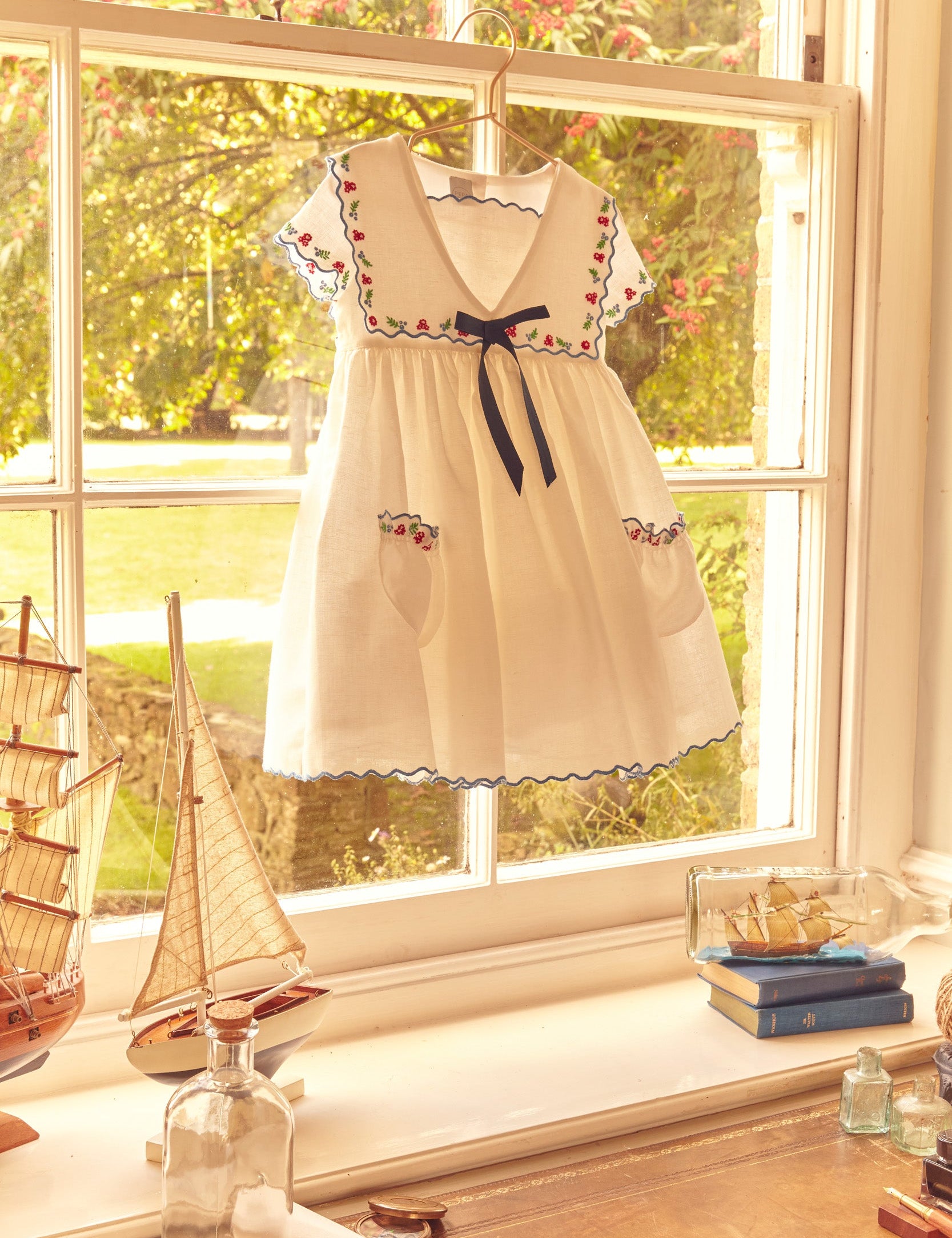 Embroidered Mariner Collar Short Sleeve Dress in White (12mths-10yrs) DRESSES from Pepa London US