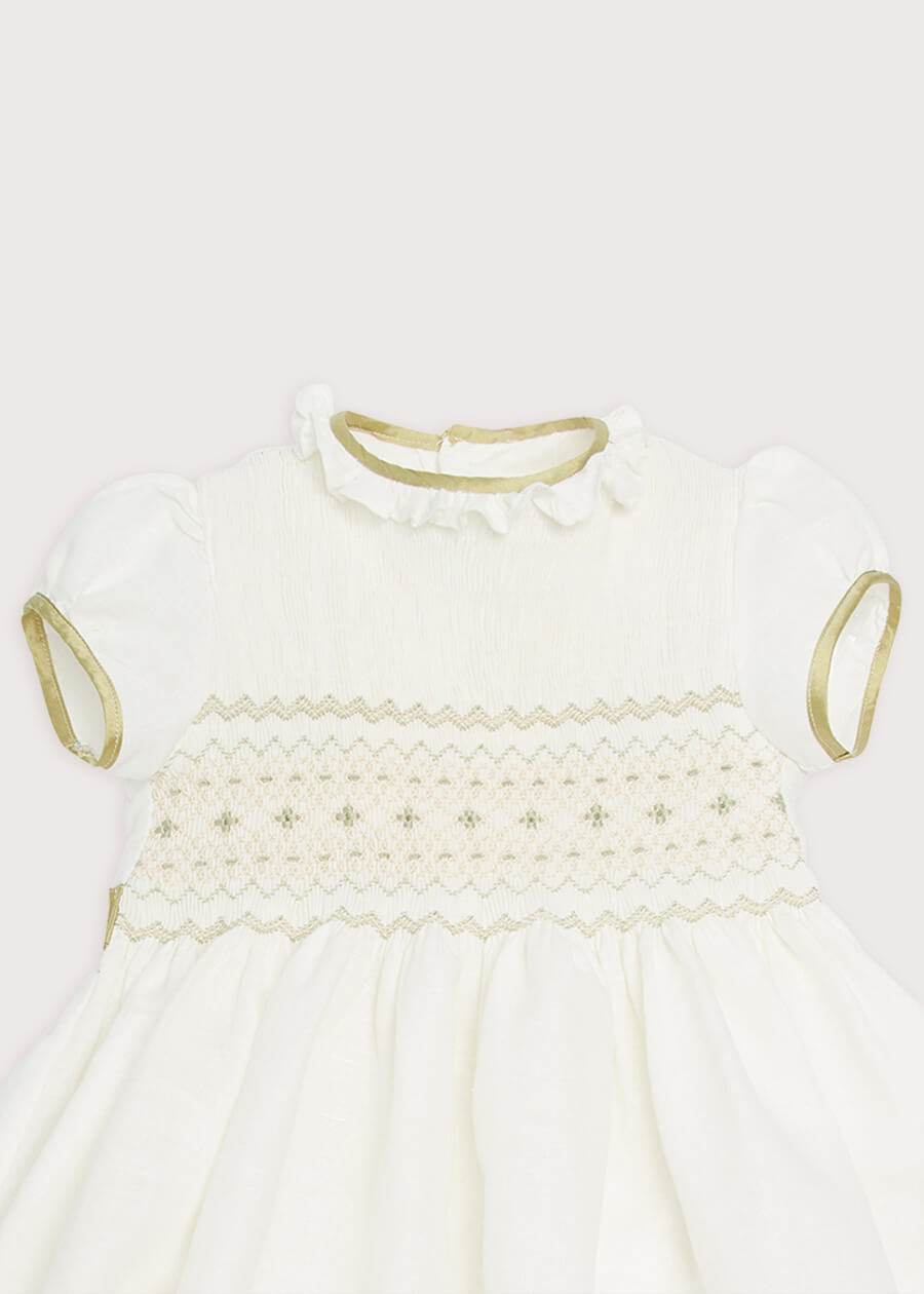 Ivory Hand Smocked Occasion Dress with Green Details (6mths-8yrs) Dresses from Pepa London US