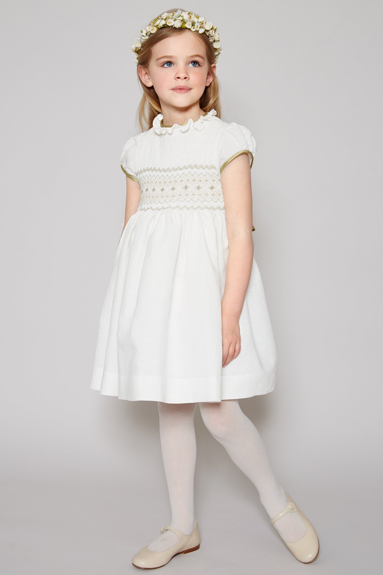 Ivory Hand Smocked Occasion Dress with Green Details (6mths-8yrs) Dresses from Pepa London US