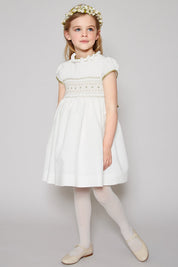 Ivory Hand Smocked Occasion Dress with Green Details (6mths-8yrs) Dresses from Pepa London US