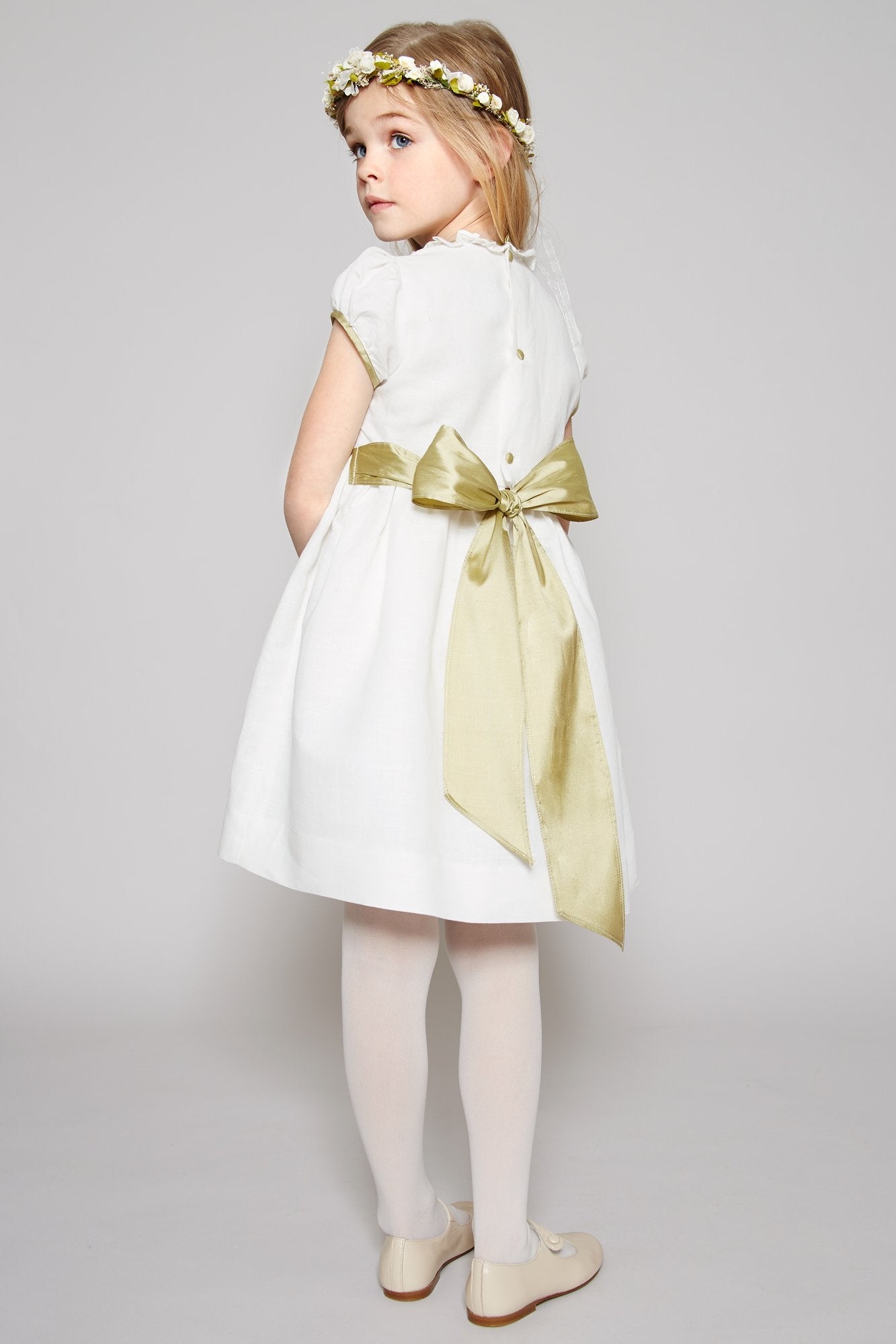 Ivory Hand Smocked Occasion Dress with Green Details (6mths-8yrs) Dresses from Pepa London US
