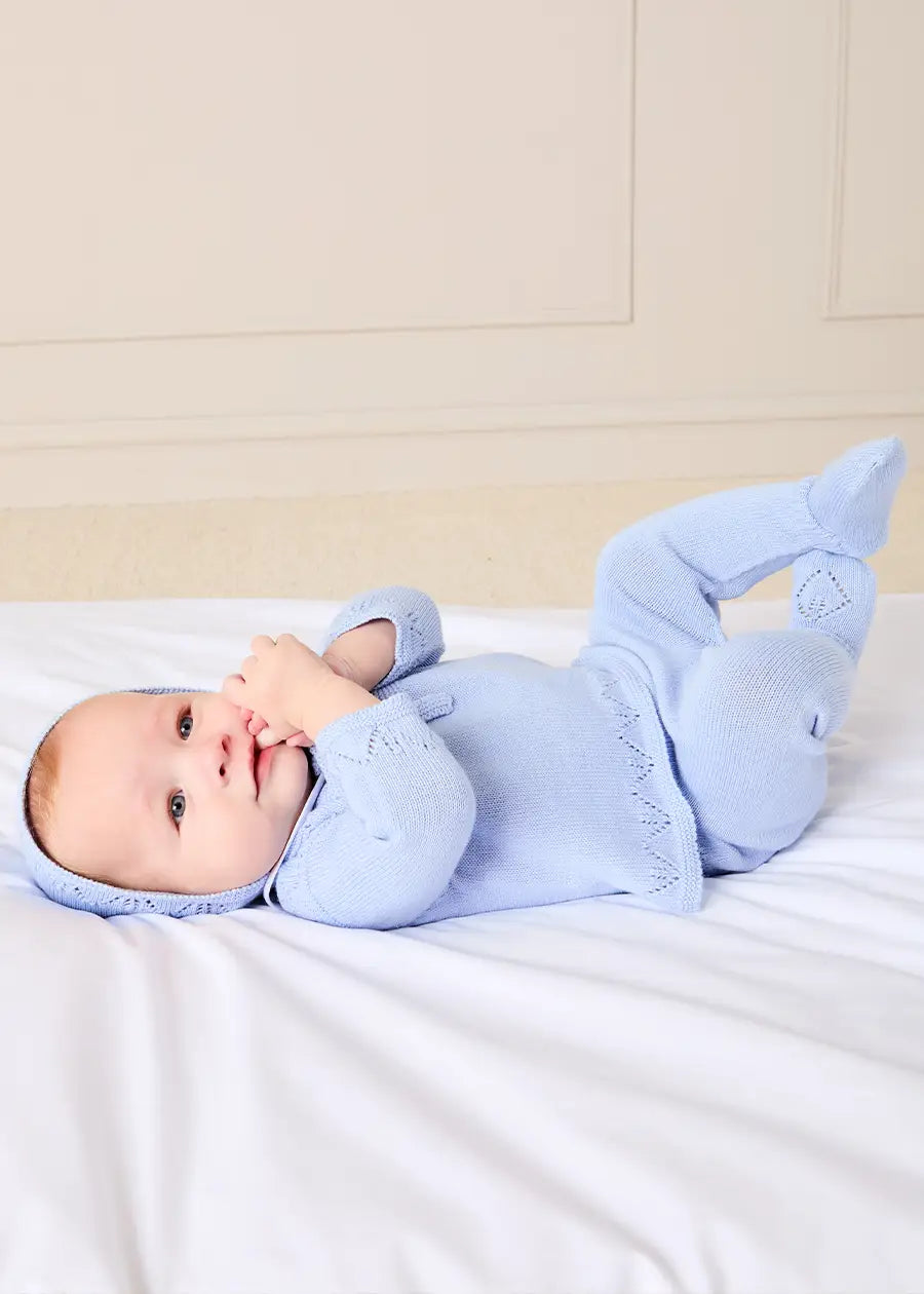 Diamond Openwork Three Piece Knitted Set in Light Blue (1-9mths) Knitwear from Pepa London US