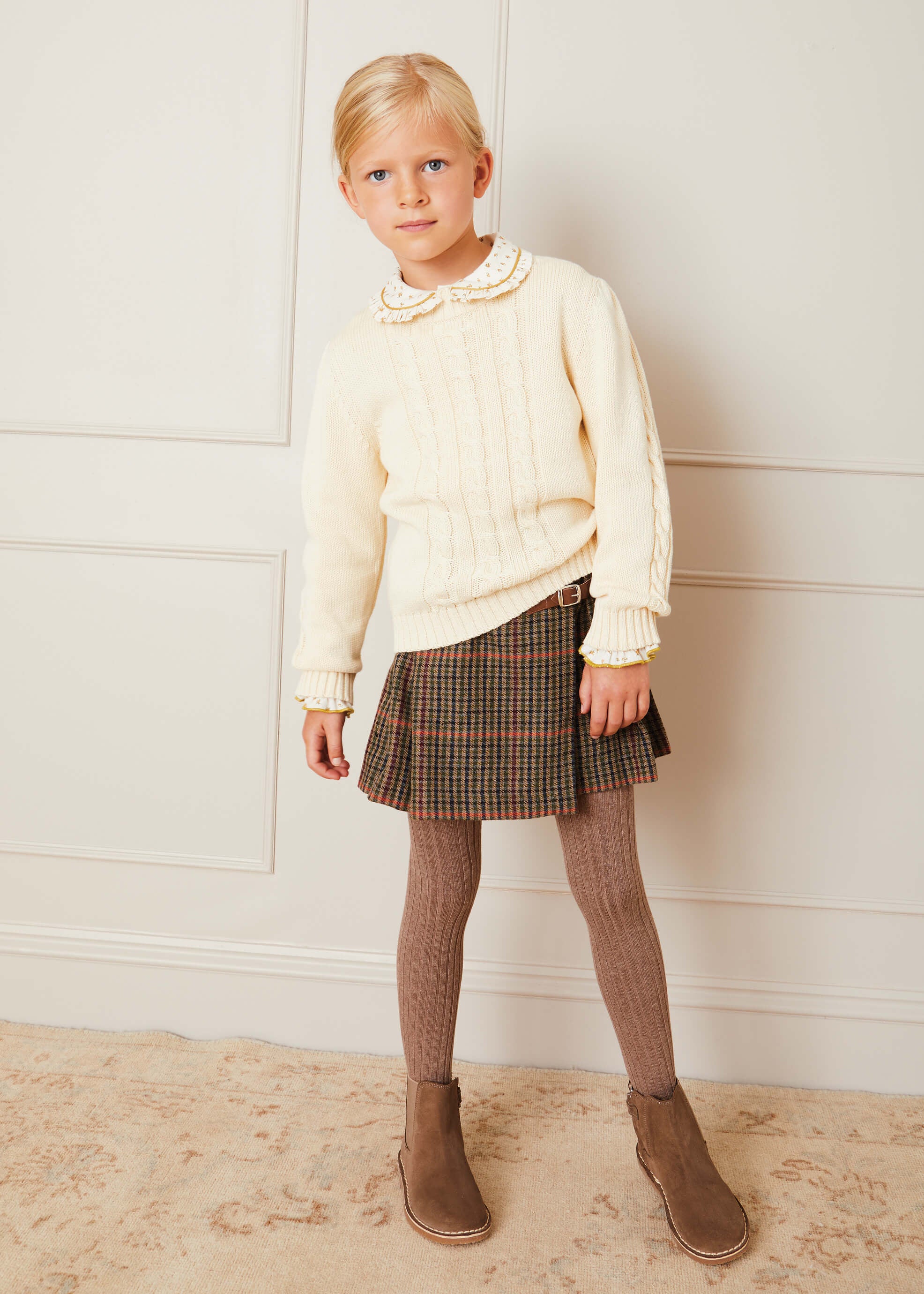 Checked Tweed Pleated Leather Buckled Kilt in Brown (2-10yrs) Skirts  from Pepa London US