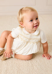 Hand Smocked Gold Embroidered Short Sleeve Romper in Ivory (3mths-2yrs) ROMPERS from Pepa London US