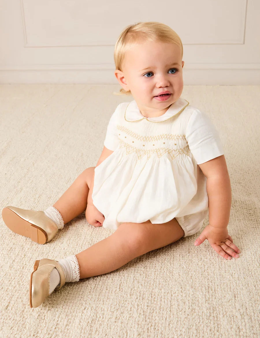 Hand Smocked Gold Embroidered Short Sleeve Romper in Ivory (3mths-2yrs) ROMPERS from Pepa London US