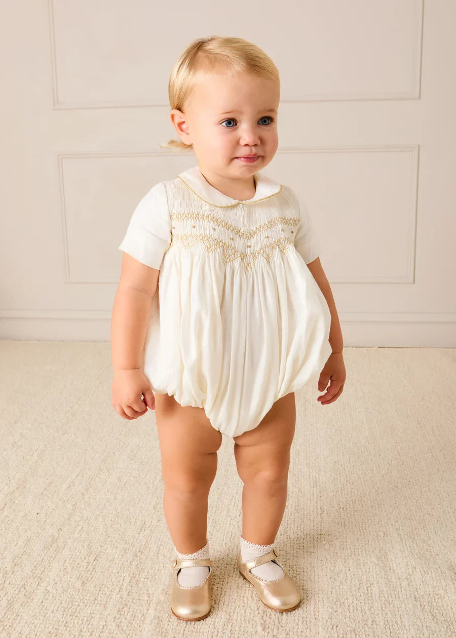 Hand Smocked Gold Embroidered Short Sleeve Romper in Ivory (3mths-2yrs) ROMPERS from Pepa London US