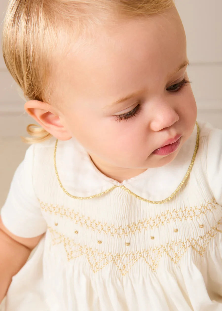 Hand Smocked Gold Embroidered Short Sleeve Romper in Ivory (3mths-2yrs) ROMPERS from Pepa London US