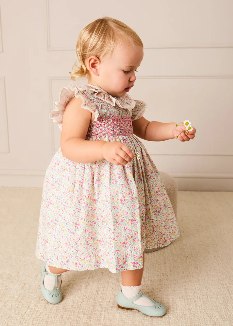 Adelaide Floral Hand Smocked Ruffle Collar Cap Sleeve Dress With Bloomers in Pink (12mths-6yrs) Dresses from Pepa London US