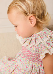 Adelaide Floral Hand Smocked Ruffle Collar Cap Sleeve Dress With Bloomers in Pink (12mths-6yrs) Dresses from Pepa London US