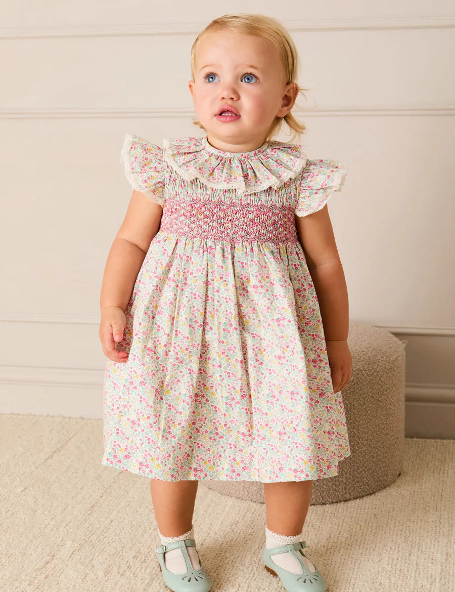 Adelaide Floral Hand Smocked Ruffle Collar Cap Sleeve Dress in Pink (12mths-6yrs) DRESSES from Pepa London US