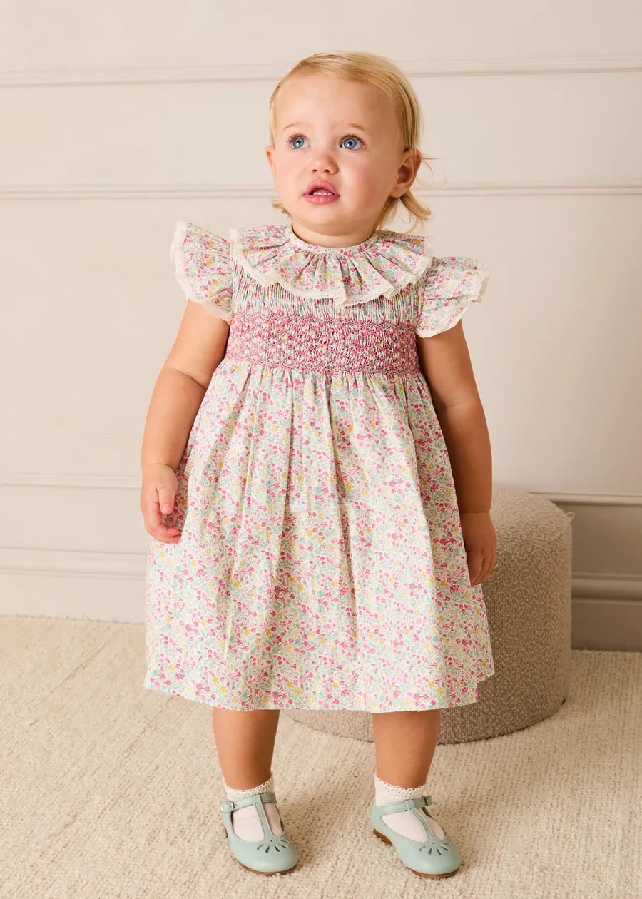Adelaide Floral Hand Smocked Ruffle Collar Cap Sleeve Dress With Bloomers in Pink (12mths-6yrs) Dresses from Pepa London US
