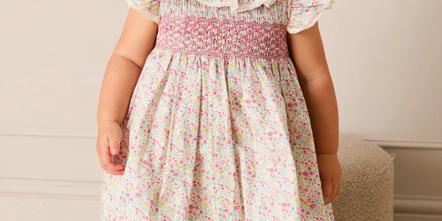 Adelaide Floral Hand Smocked Ruffle Collar Cap Sleeve Dress in Pink (12mths-6yrs) DRESSES from Pepa London US