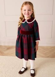 Grovesnor Tartan Lace Detail Velvet Bow Dress in Red (12mths-12yrs) Dresses from Pepa London US