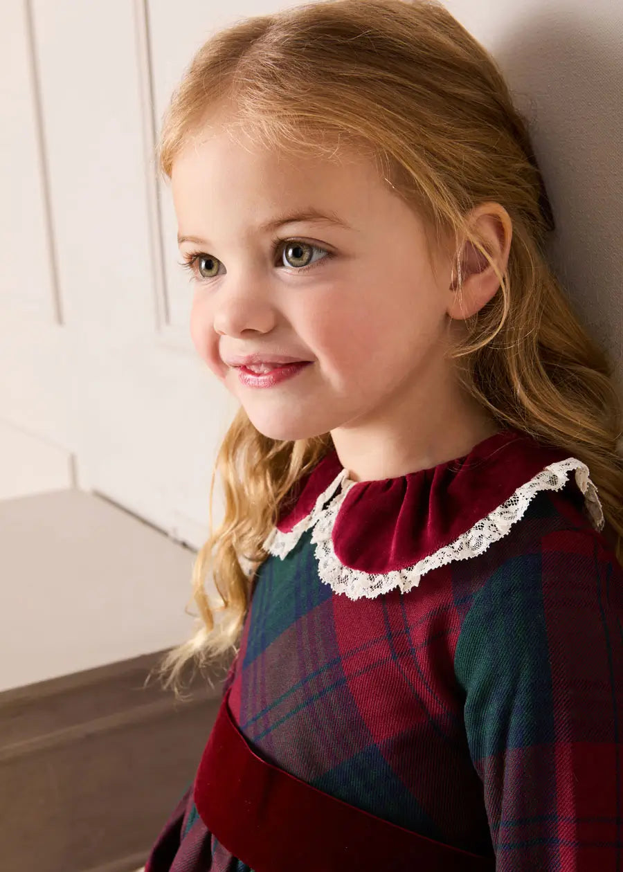 Grovesnor Tartan Lace Detail Velvet Bow Dress in Red (12mths-12yrs) Dresses from Pepa London US