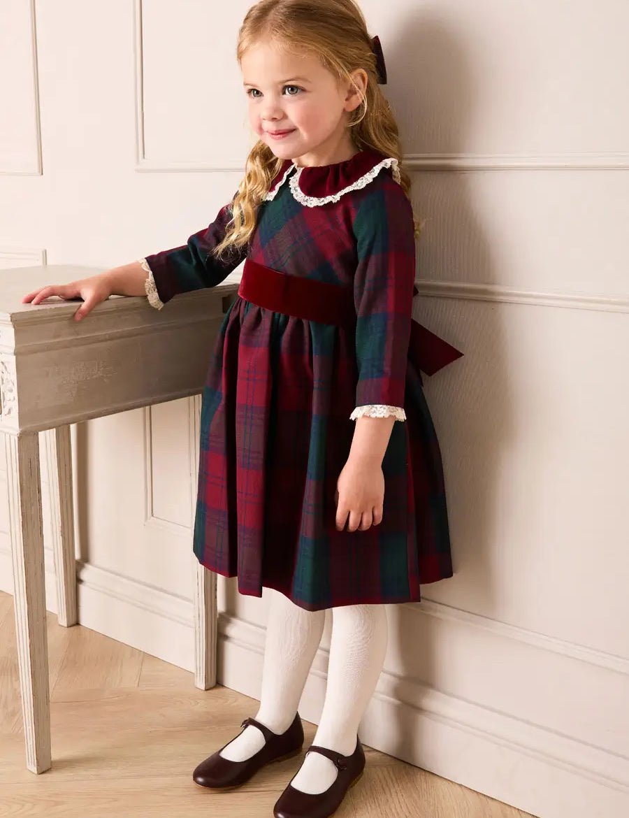 Grosvenor Tartan Lace Detail Velvet Bow Dress in Red (12mths-12yrs) Dresses from Pepa London US