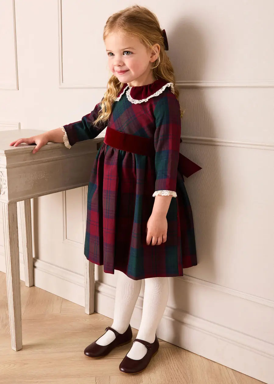 Grovesnor Tartan Lace Detail Velvet Bow Dress in Red (12mths-12yrs) Dresses from Pepa London US