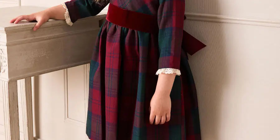 Grovesnor Tartan Lace Detail Velvet Bow Dress in Red (12mths-12yrs) Dresses from Pepa London US