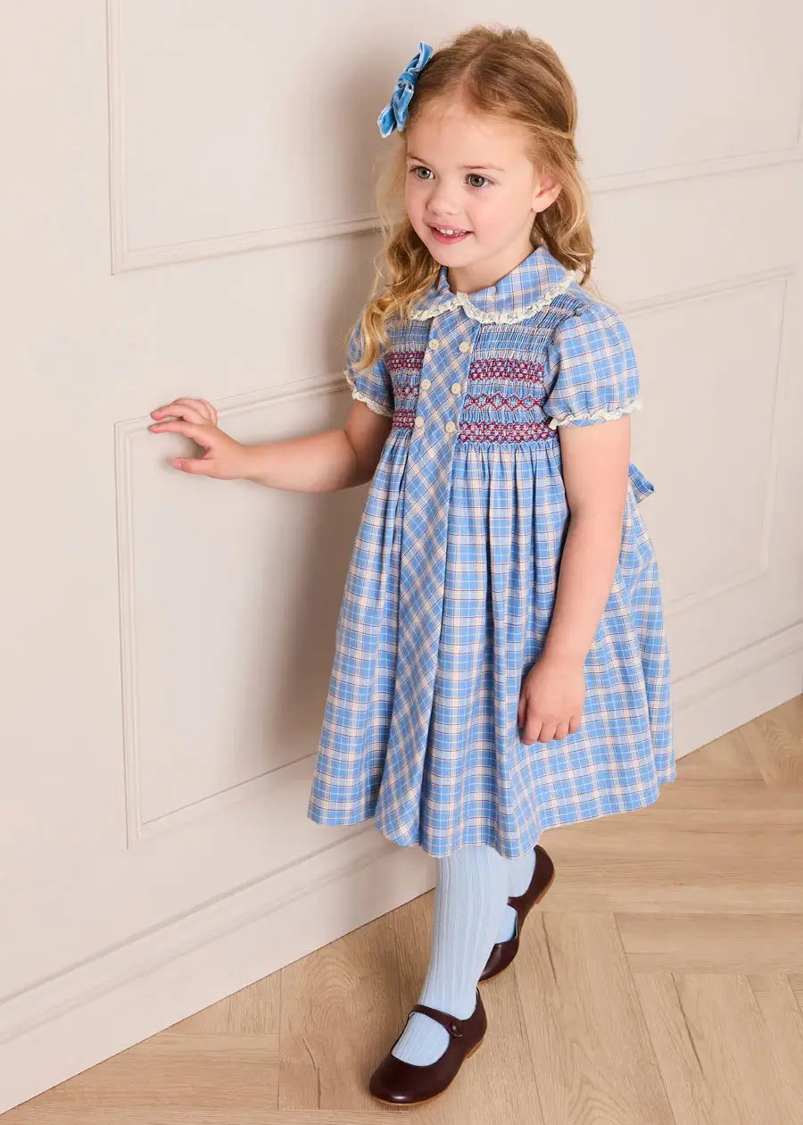 Denby Check Hand Smocked Double Breasted Short Sleeve Dress in Blue (12mths-10yrs) Dresses from Pepa London US