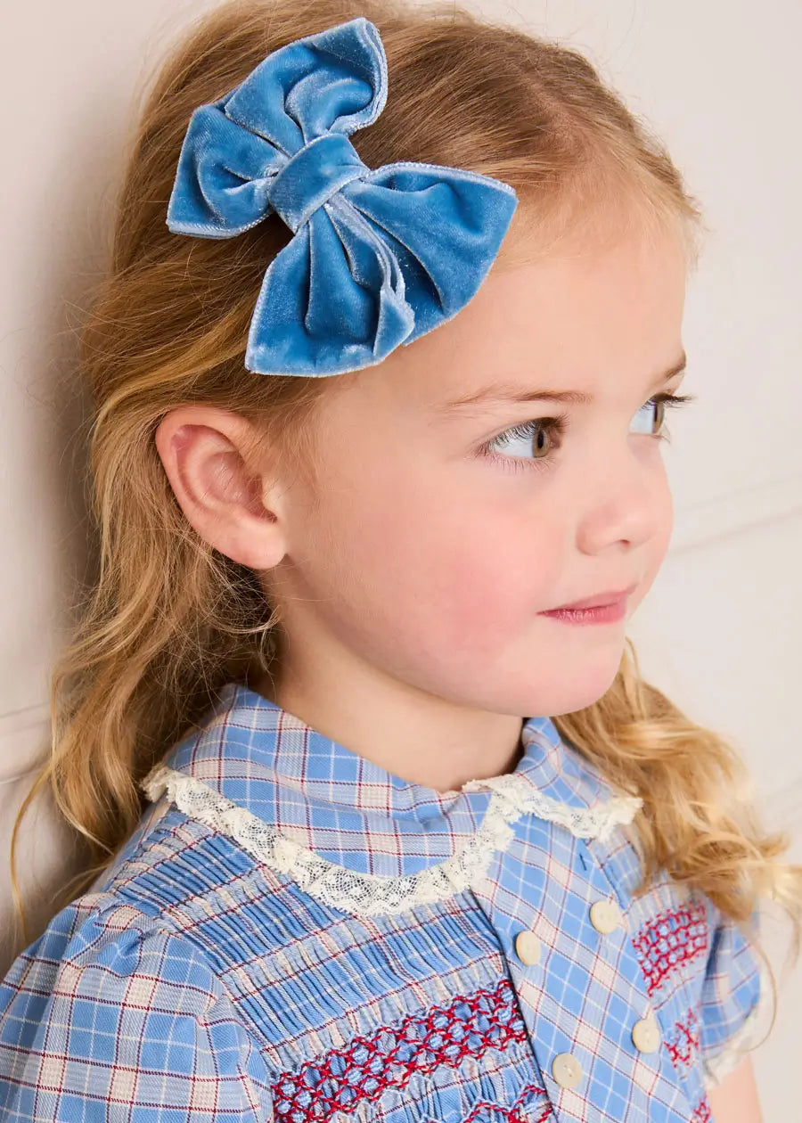 Denby Check Hand Smocked Double Breasted Short Sleeve Dress in Blue (12mths-10yrs) Dresses from Pepa London US