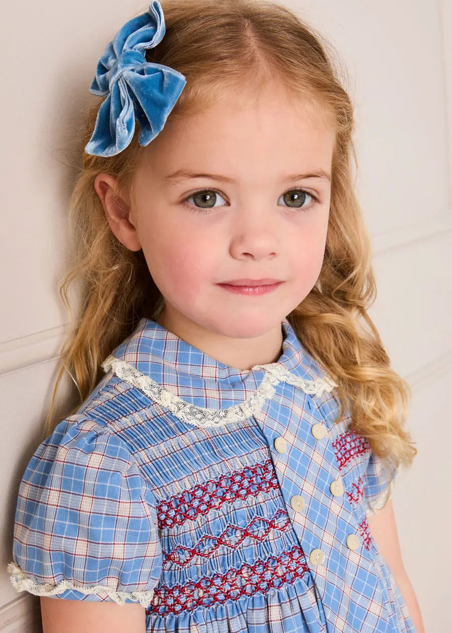 Denby Check Hand Smocked Double Breasted Short Sleeve Dress in Blue (12mths-10yrs) Dresses from Pepa London US