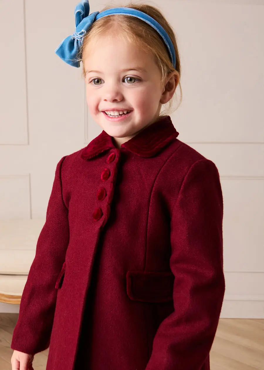 Single Breasted Scallop Detail Coat In Burgundy (12mths-10yrs)