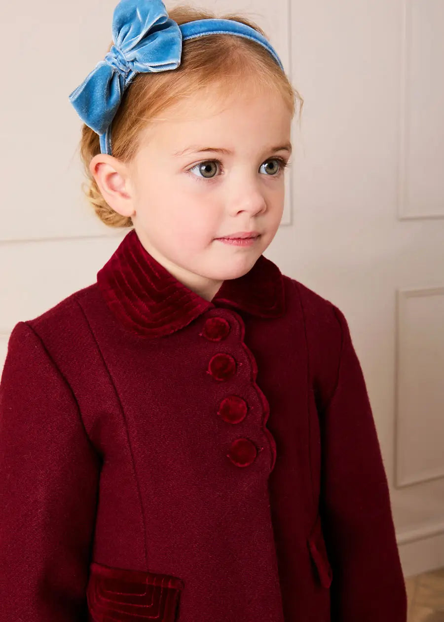 Single Breasted Scallop Detail Coat In Burgundy (12mths-10yrs)