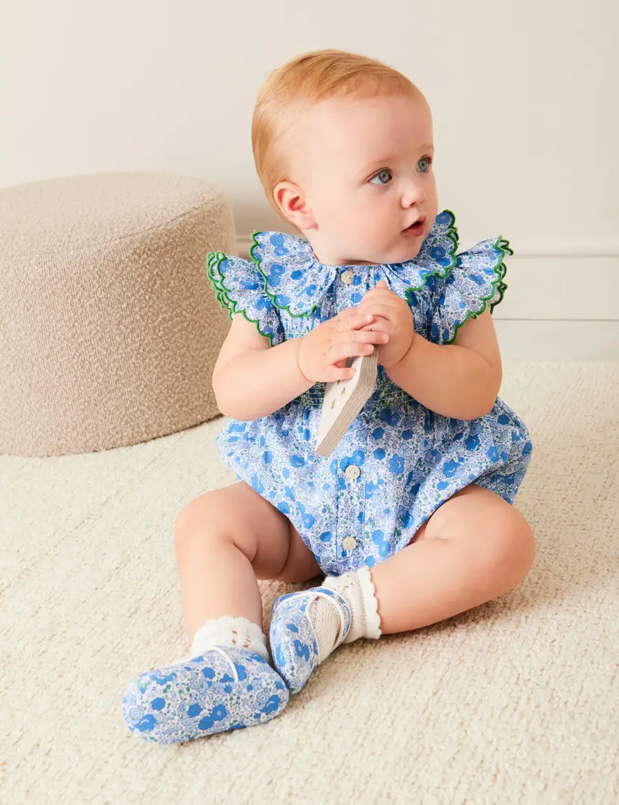 Olivia Floral Smocked Ruffle Collar Sleeveless Romper in Blue (6mths-2yrs) ROMPERS from Pepa London US