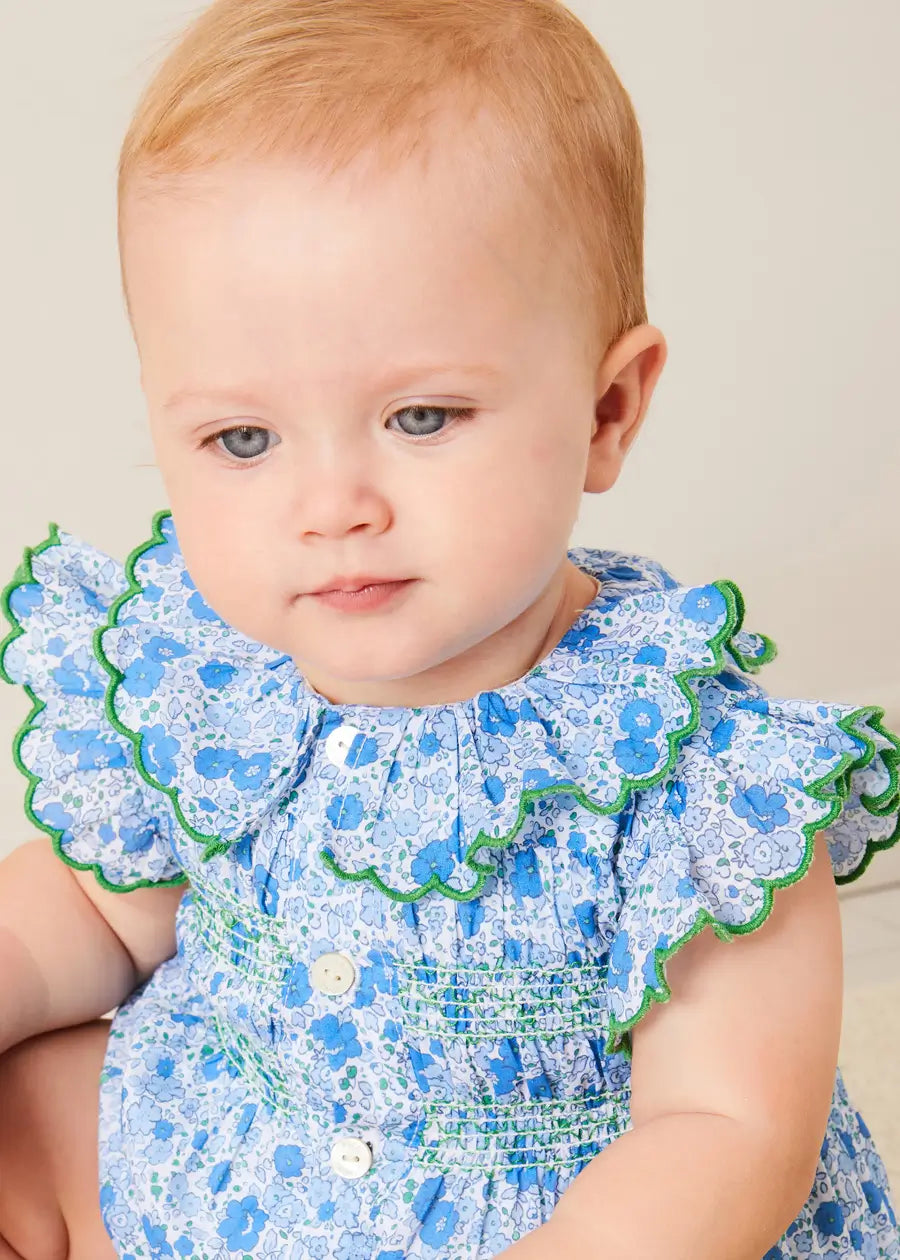 Olivia Floral Smocked Ruffle Collar Sleeveless Romper in Blue (6mths-2yrs) ROMPERS from Pepa London US