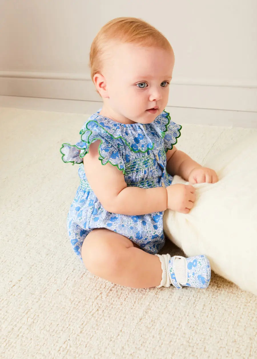 Olivia Floral Smocked Ruffle Collar Sleeveless Romper in Blue (6mths-2yrs) ROMPERS from Pepa London US