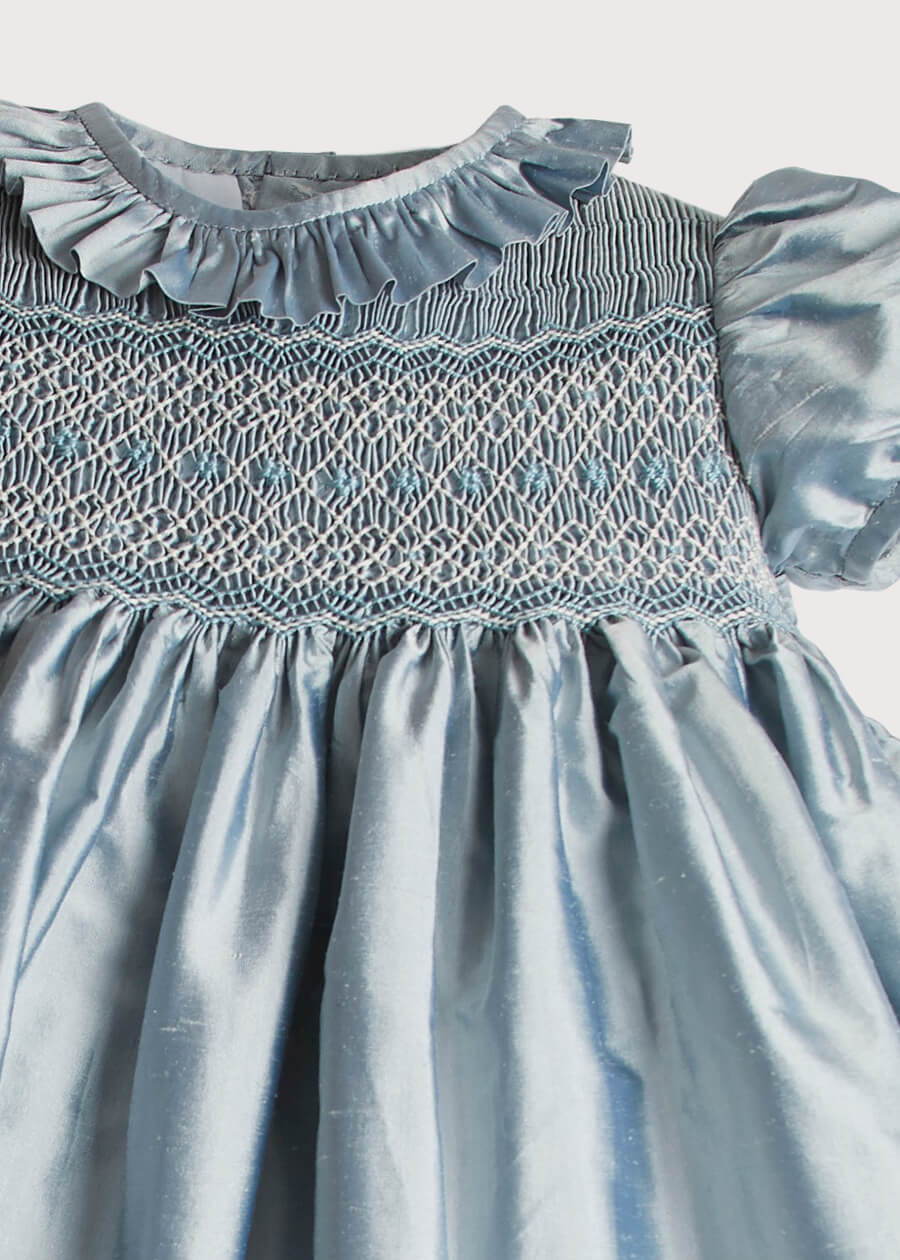 Girls Silk Hand Smocked Celebration Dress in Blue (6mths-10yrs) DRESSES from Pepa London US