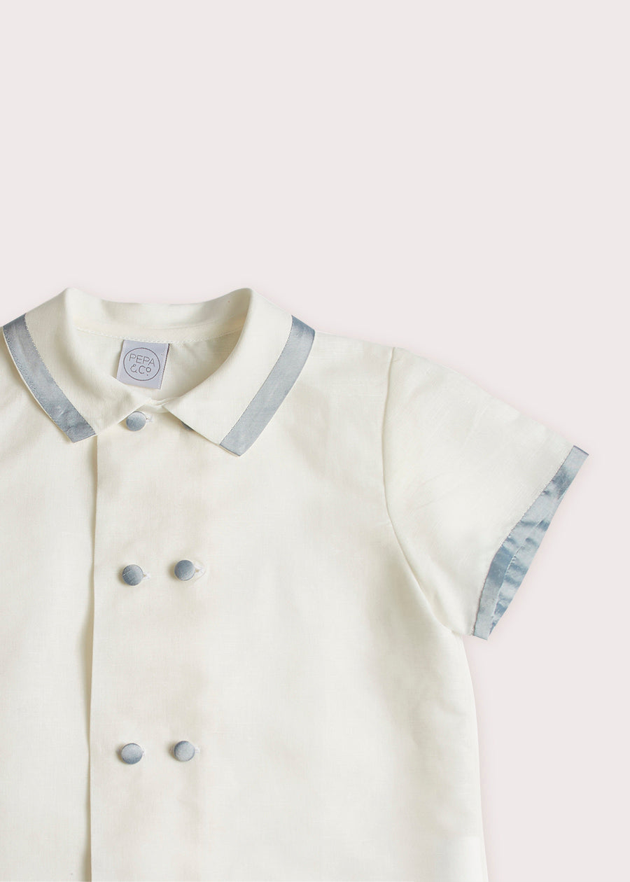 Linen Boys Celebration Shirt White with Blue Silk piping (3-10yrs) Shirts from Pepa London US