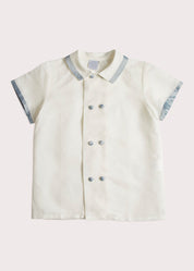 Linen Boys Celebration Shirt White with Blue Silk piping (3-10yrs) Shirts from Pepa London US