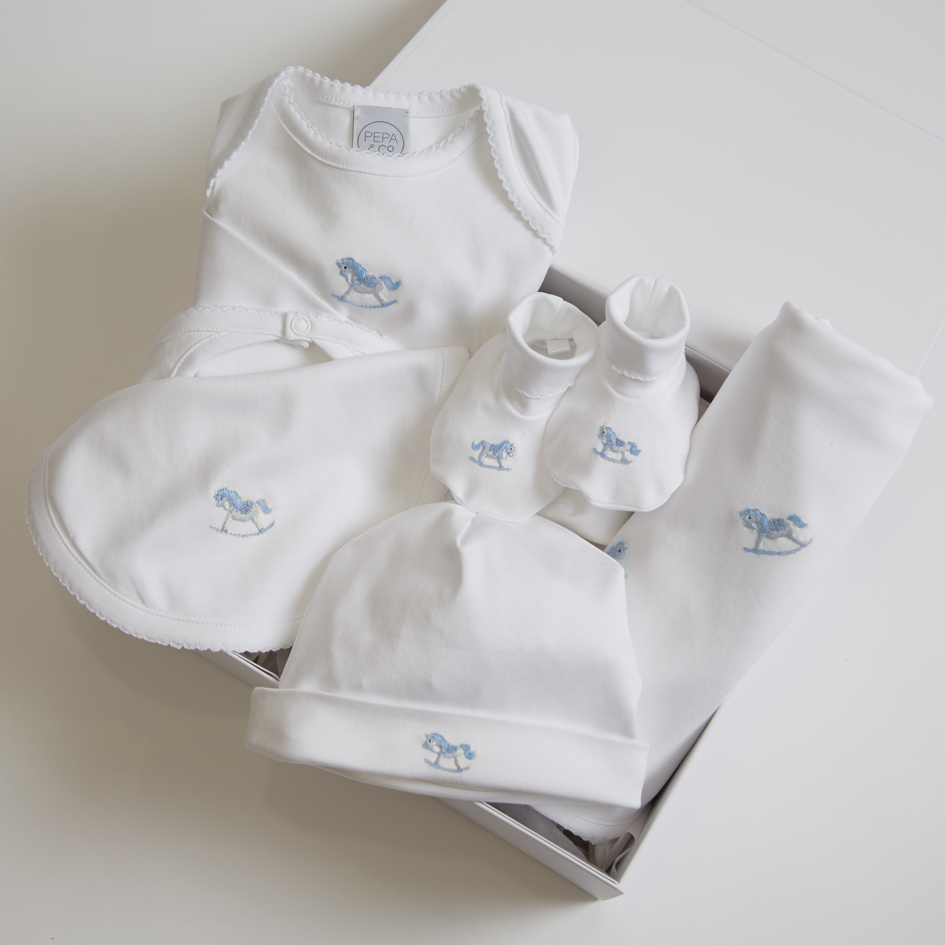 Newborn Bonnet with Rocking Horse Embroidery Blue (0-3mths) Knitted Accessories from Pepa London US