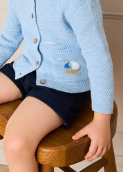 Nautical Boat Embroidery Polo Collar Cardigan in Sky Blue (12mths-6yrs) Knitwear from Pepa London US