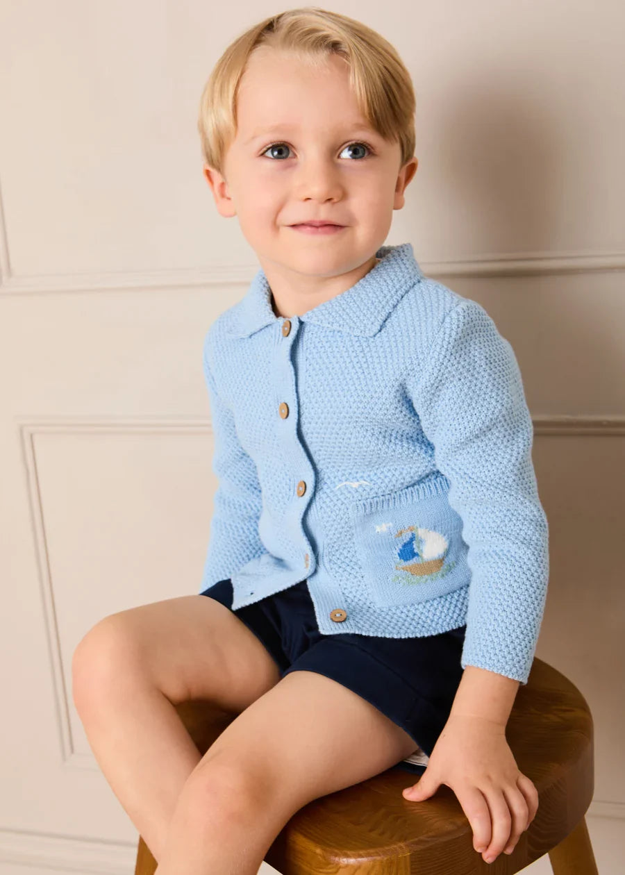 Nautical Boat Embroidery Polo Collar Cardigan in Sky Blue (12mths-6yrs) Knitwear from Pepa London US