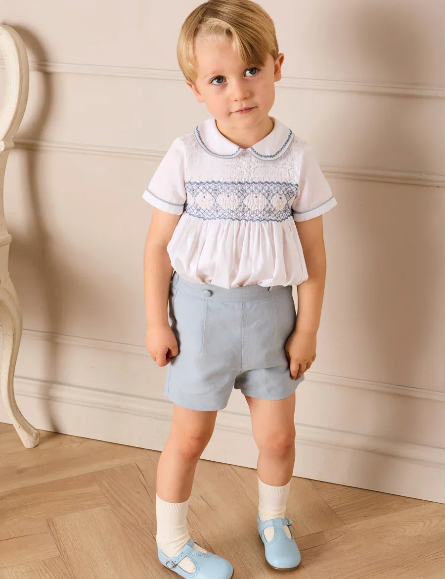 Hand Smocked Peter Pan Collar Short Sleeve Two Piece Set in Sky Blue (12mths-6yrs) Two Piece Set from Pepa London US