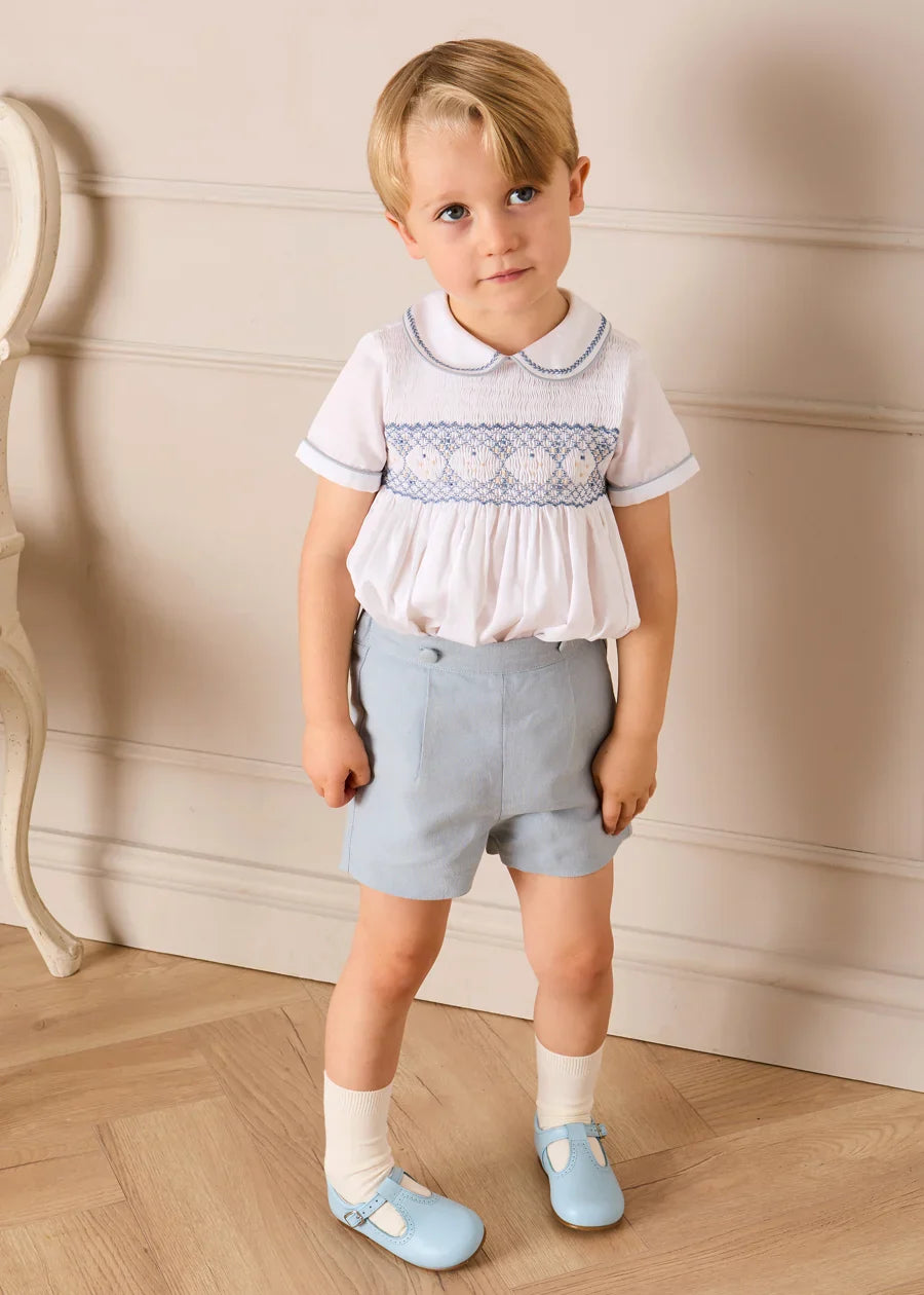Hand Smocked Peter Pan Collar Short Sleeve Two Piece Set in Sky Blue (12mths-6yrs) Two Piece Set from Pepa London US