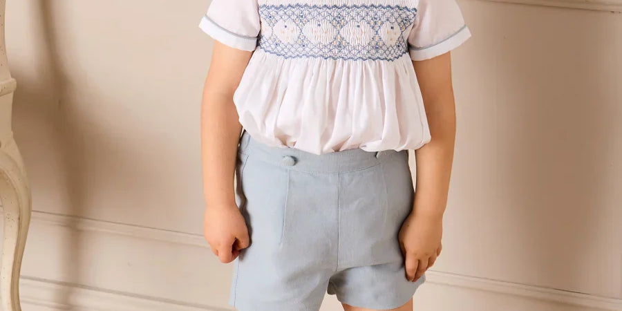Hand Smocked Peter Pan Collar Short Sleeve Two Piece Set in Sky Blue (12mths-6yrs) TWO PIECE SETS from Pepa London US