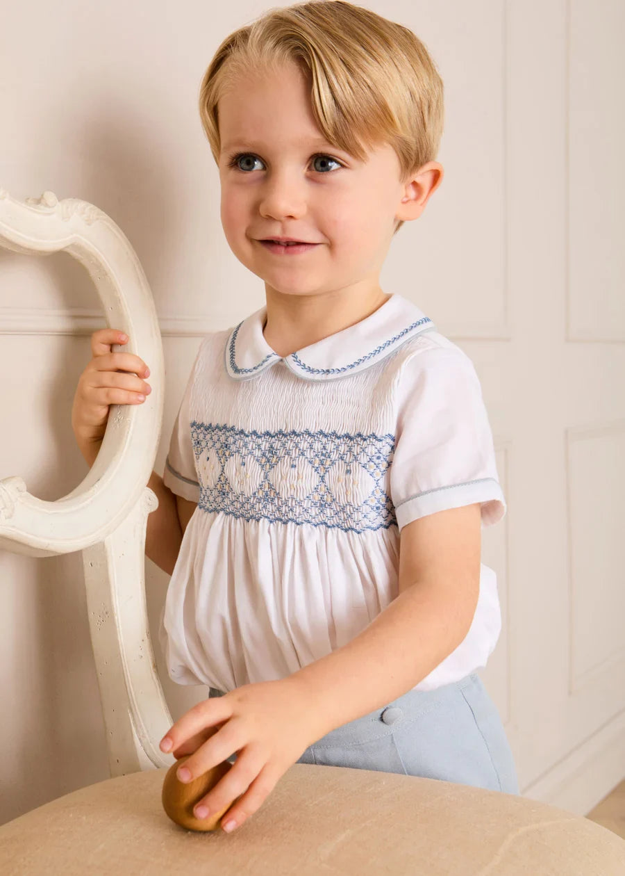 Hand Smocked Peter Pan Collar Short Sleeve Two Piece Set in Sky Blue (12mths-6yrs) Two Piece Set from Pepa London US