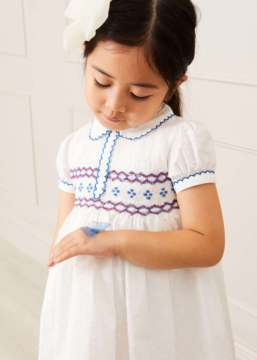 Hand Smocked Plumetti Short Sleeve Dress in White (12mths-6yrs) Dresses from Pepa London US