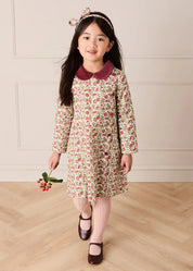Daphne Floral Long Sleeve Velvet Collar Dress in Burgundy (18mths-10yrs) Dresses from Pepa London US